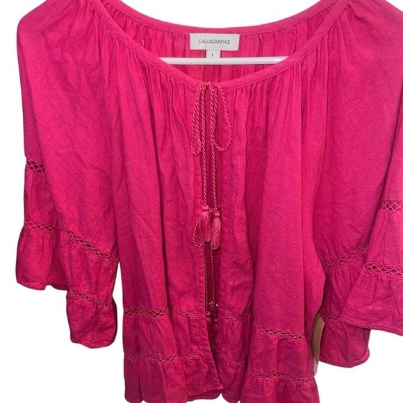 NWT Calligraphie Linen Tie Front Bell Sleeve Top Hot Pink 🩷Large Bohemian - Picture 2 of 11